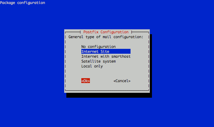 Selecting the Postfix mail server configuration type on a Ubuntu 10.04 (Lucid) system. Selecting the Postfix mail server configuration type on a Ubuntu 10.04 (Lucid) system.