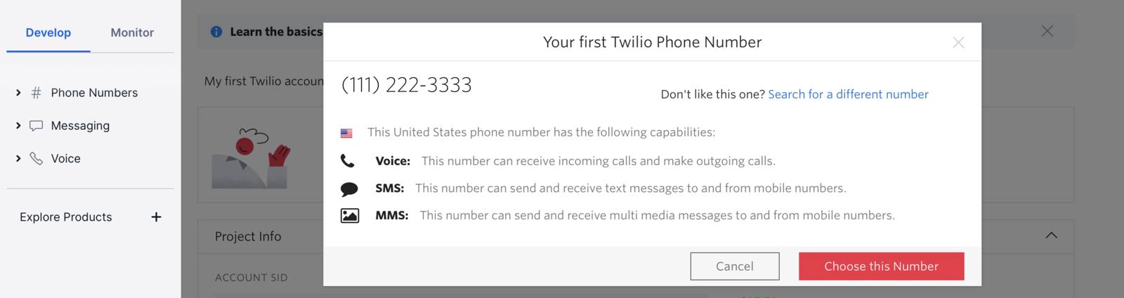 Twilio console - your first phone number dialog Twilio console - your first phone number dialog