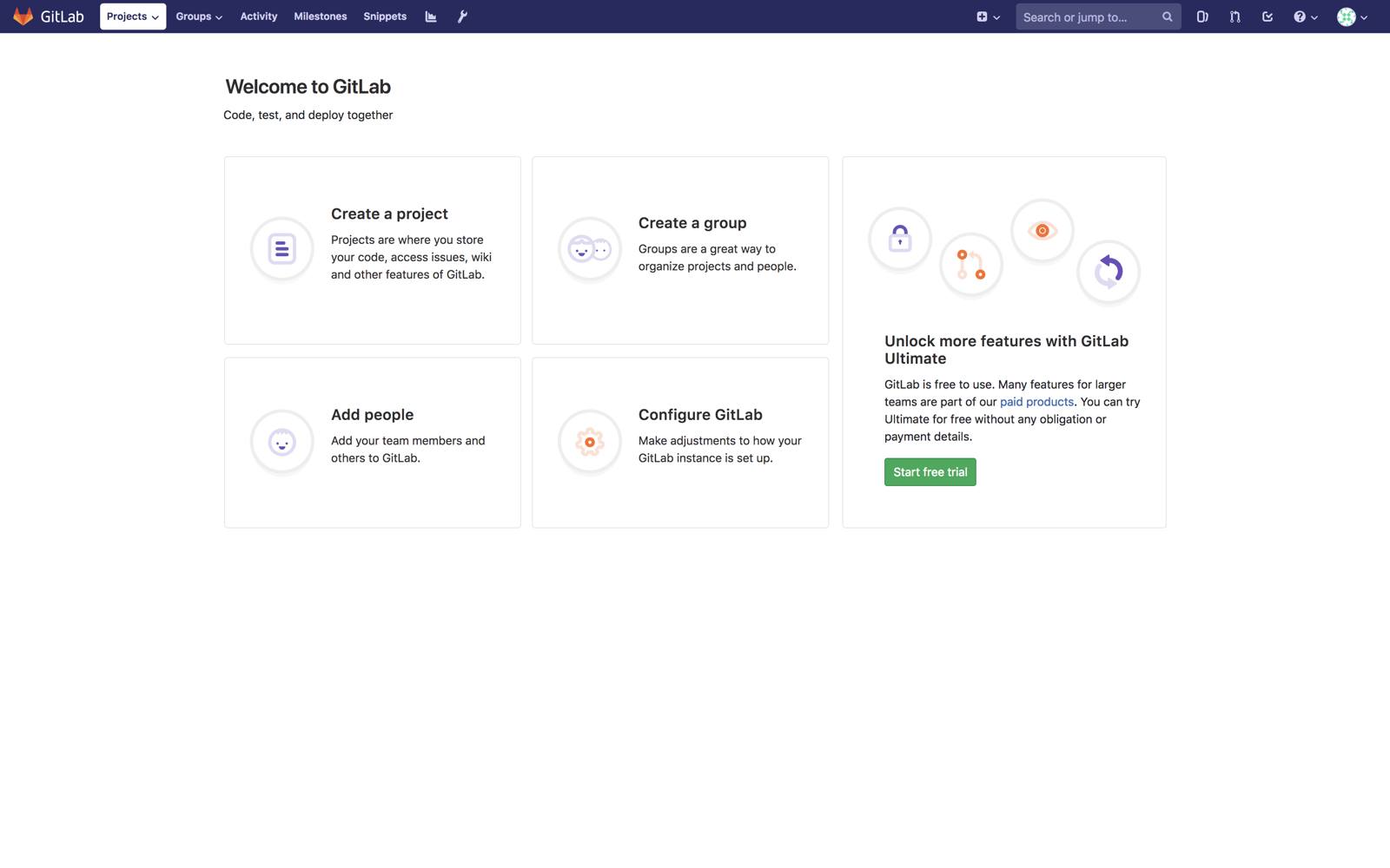 GitLab welcome screen GitLab welcome screen
