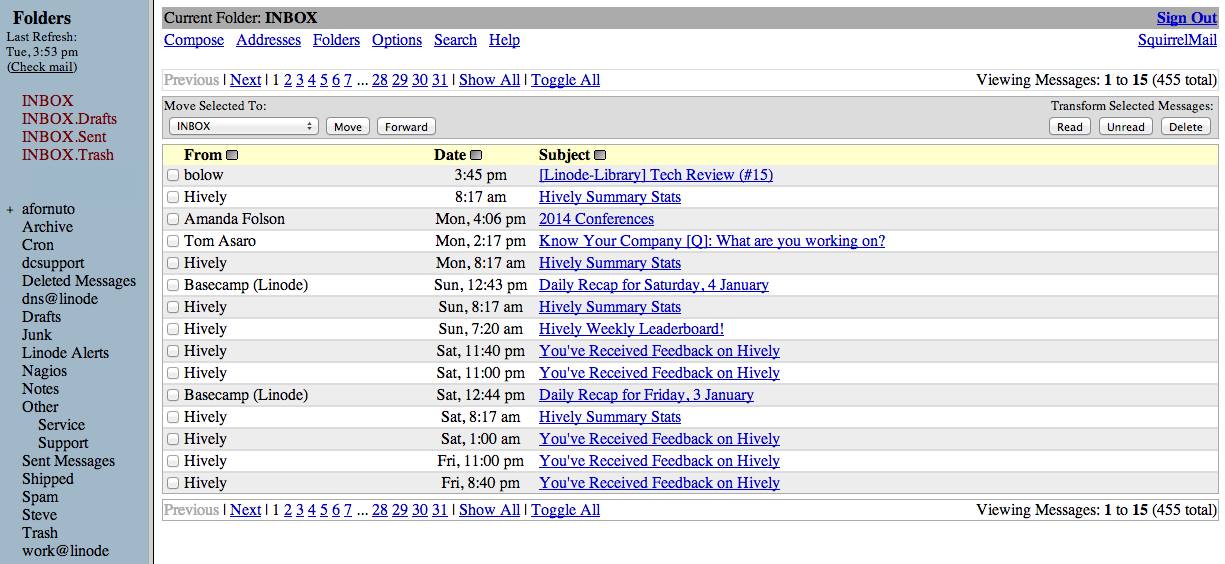 SquirrelMail Inbox view. SquirrelMail Inbox view.