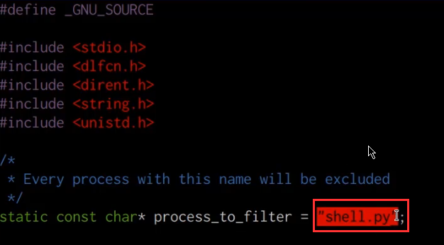 processhider.c file contents with process_to_filter variable shown processhider.c file contents with process_to_filter variable shown