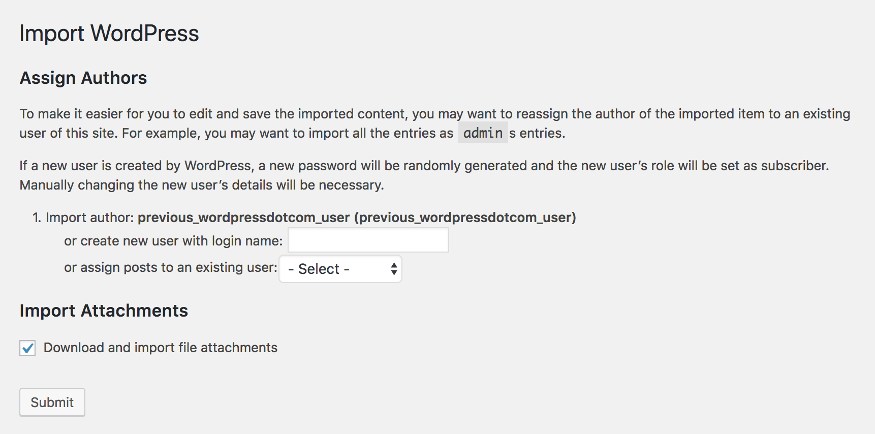 Import file options show author and post options. WordPress Importer Plugin - Page 1