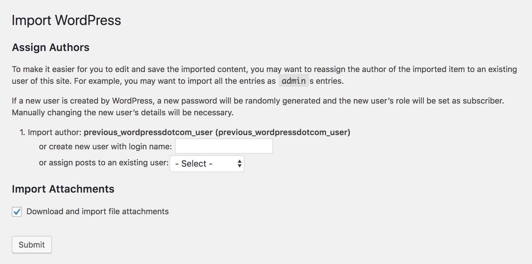 Import file options show author and post options. WordPress Importer Plugin - Page 1