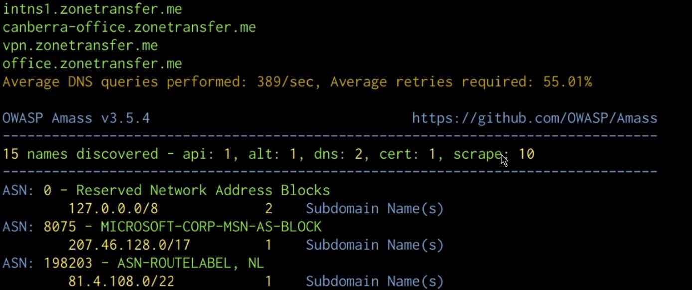 Amass subdomain enumeration output Amass subdomain enumeration output