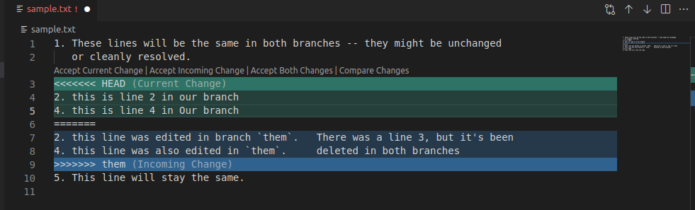 An example Git merge conflict in the VS Code text editor. An example Git merge conflict in the VS Code text editor.
