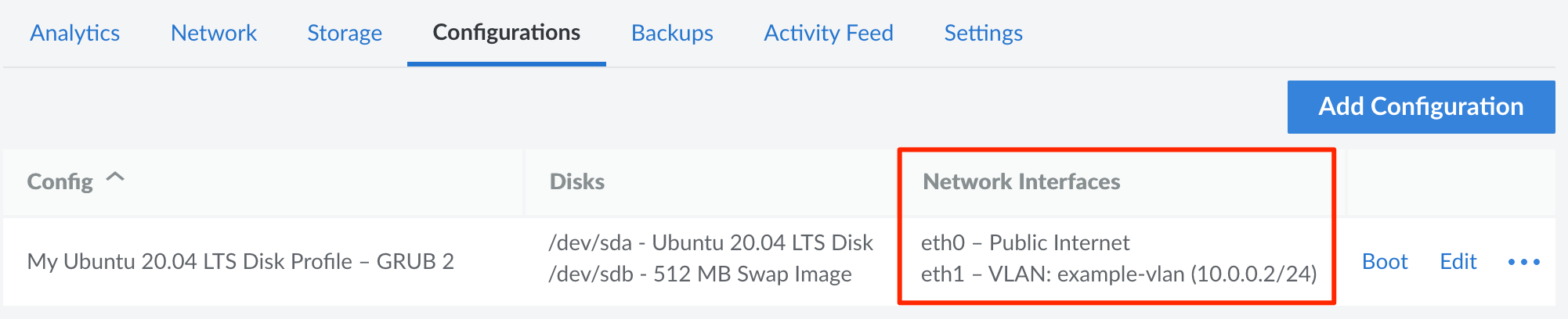 The Configuration tab in the Cloud Manager The Configuration tab in the Cloud Manager