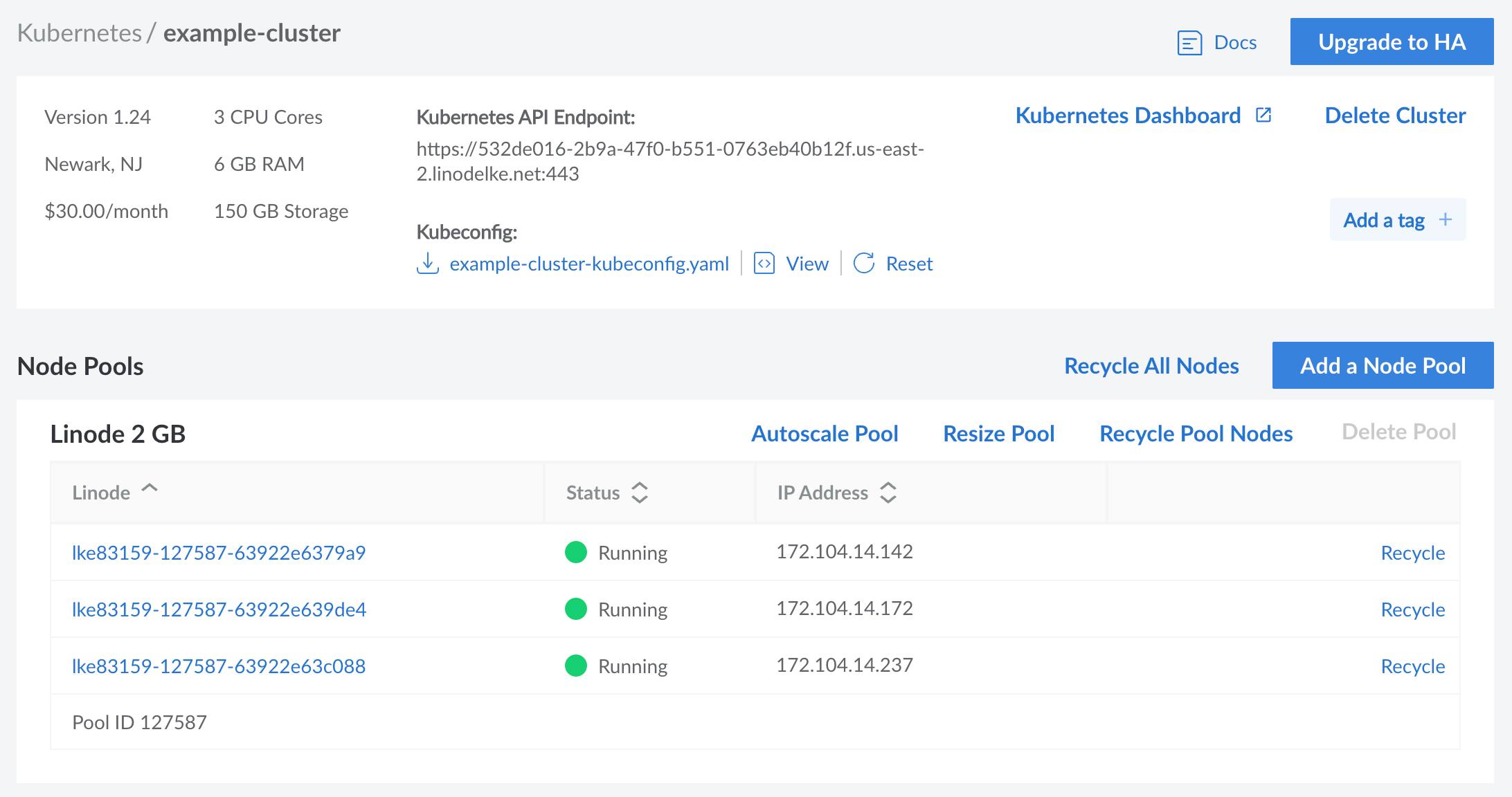 Screenshot of a Kubernetes cluster detail page in the Cloud Manager Screenshot of a Kubernetes cluster detail page in the Cloud Manager