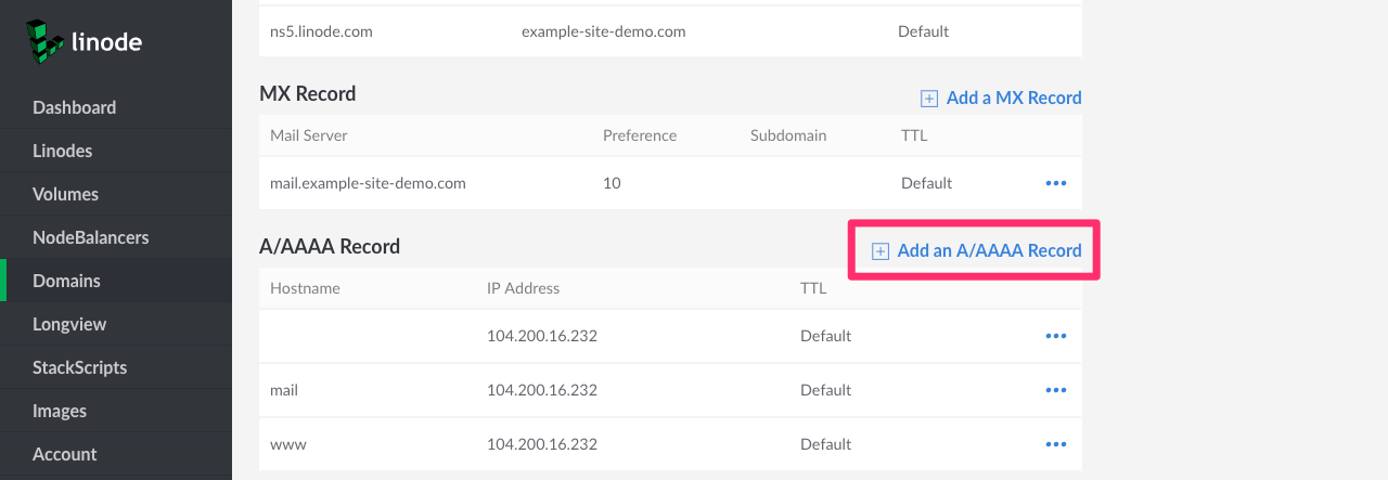 Create a new A record by first click on “Add an A/AAAA Record” Create a new A record by first click on “Add an A/AAAA Record”