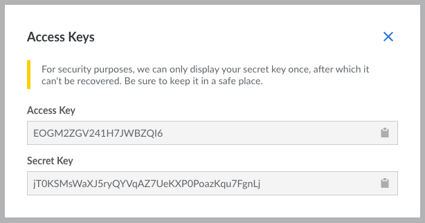 The access key and secret key displayed within the Cloud Manager The access key and secret key displayed within the Cloud Manager