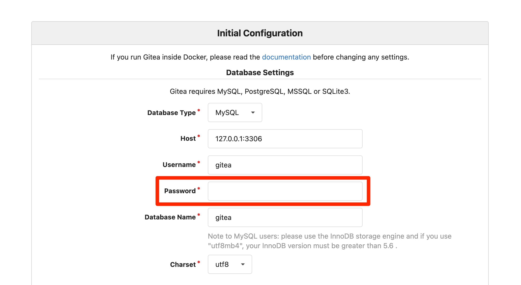Gitea initial configuration settings Gitea initial configuration settings.