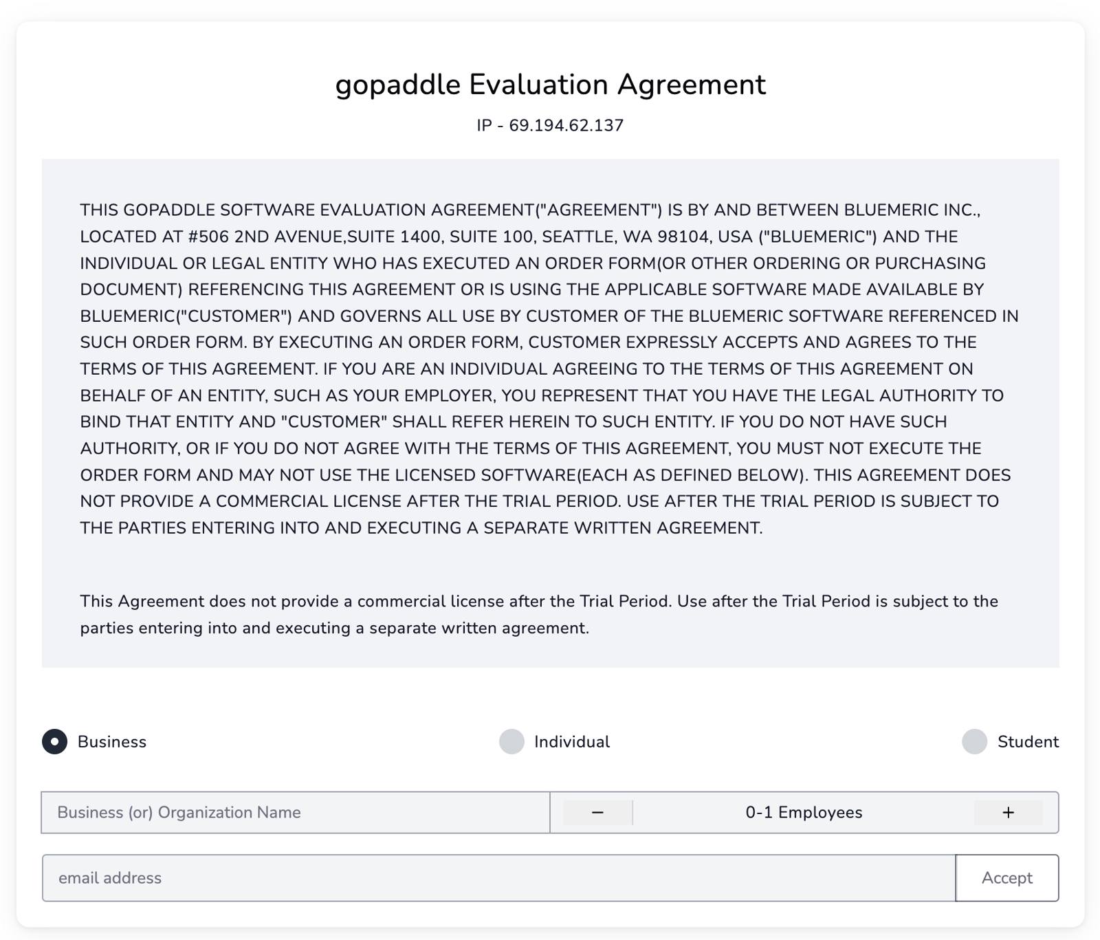 Screenshot of gopaddle evaluation agreement Screenshot of gopaddle evaluation agreement