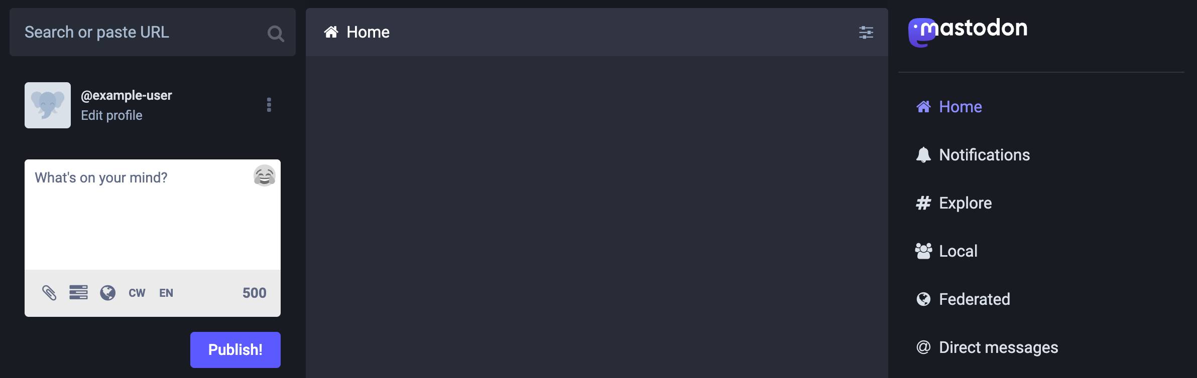 Screenshot of the Mastodon user home page Screenshot of the Mastodon user home page