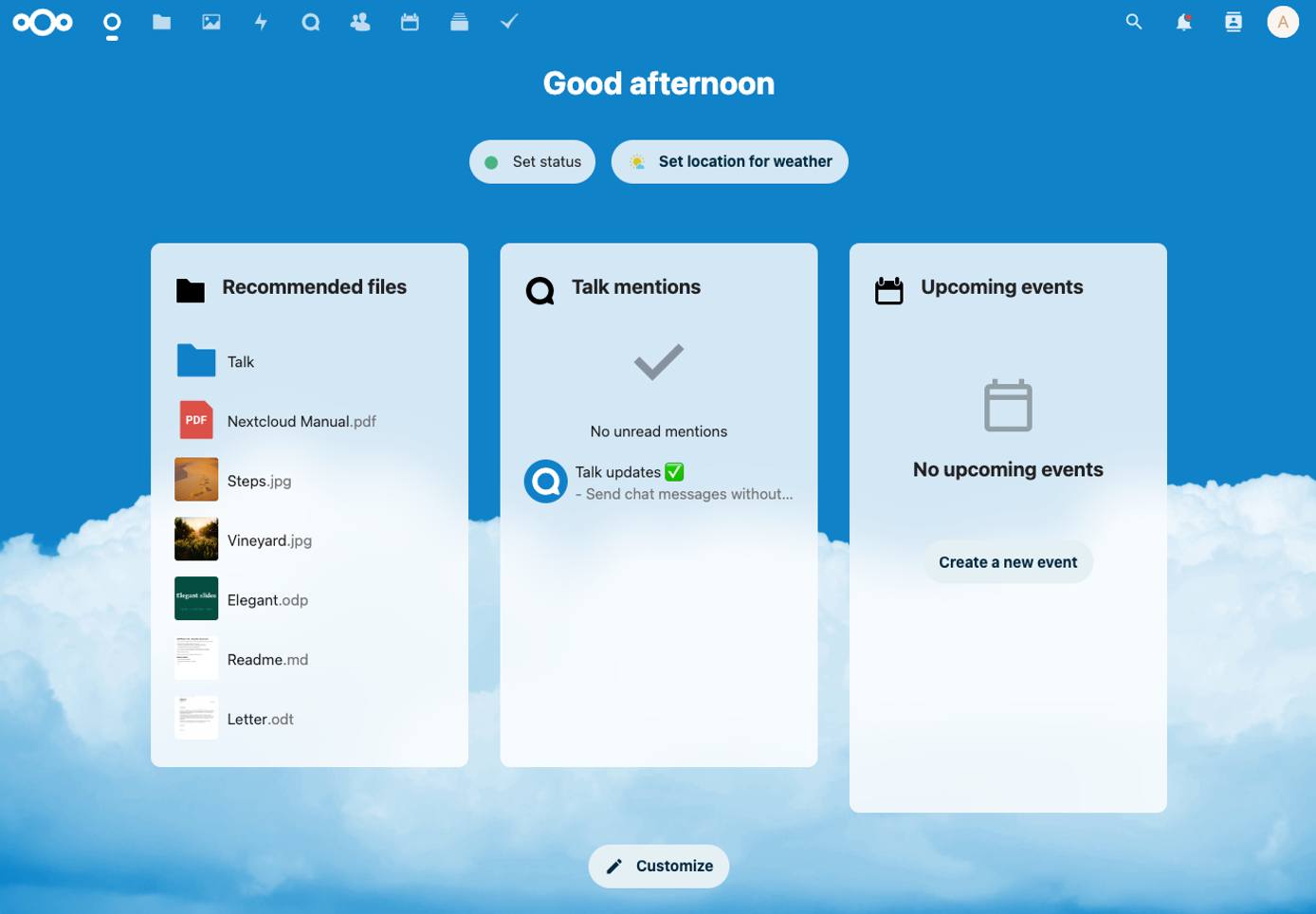 Screenshot of the main Nextcloud dashboard Screenshot of the main Nextcloud dashboard